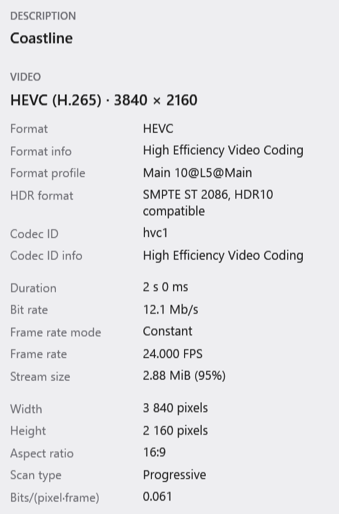 The details panel for a 4K HDR video: HEVC Main 10, 3840 by 2160, HDR10, BT.2020 color, 10 bits.